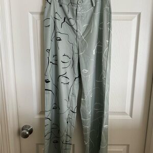 Princess Polly Abstract Face Print Wide Leg Pants - Green and Black